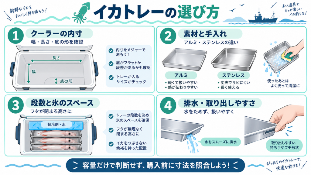 イカトレーの選び方:クーラーの内寸・素材・段数・排水